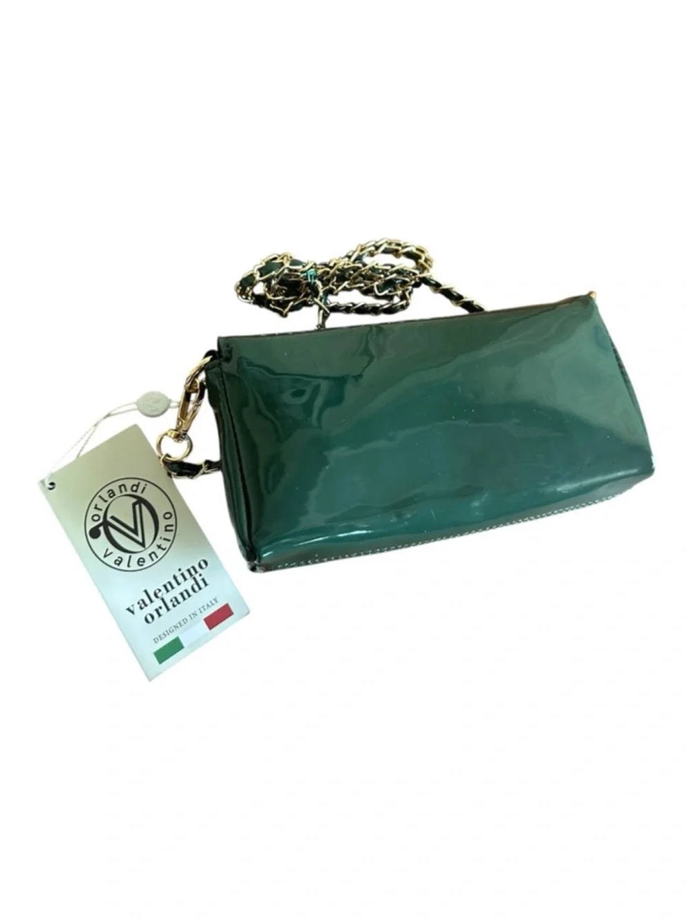 Valentino Orlandi NWT Emerald Green Patent Leather Chain Clutch Crossbody Bag